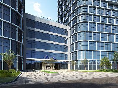 Modern Office Building Exterior With Glass Curtain Walls And Landscaped Entrance Greenery 3d model
