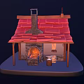 Cartoon Scene of Small House With Red Roof Chimney Small Flag Porch and Wooden Barrel