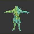 Man in Ornate Gold and Blue Armor with Mythical Beast Headpiece Arms Outstretched