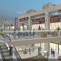 Vibrant Multi level Commercial Street With Escalators Shops Pedestrians Flower Decorations And High rise Buildings