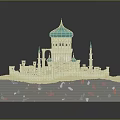 Cartoon Scenery Featuring Green Dome Building And Small Surrounding Buildings On Sand Base With Spots