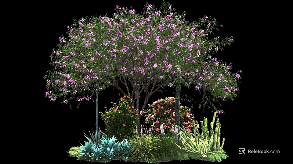 Vibrant Shrub With Purple Flowers Accompanied By Green Herbs Pink Blooms And Other Plants 3d model 