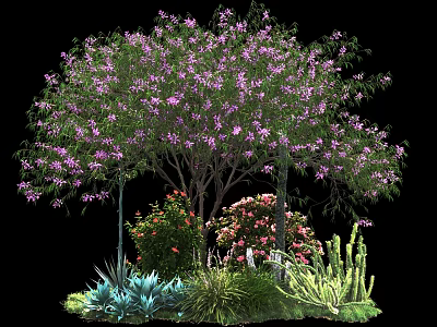 Vibrant Shrub With Purple Flowers Accompanied By Green Herbs Pink Blooms And Other Plants 3d model