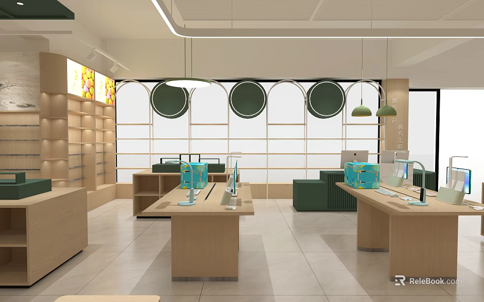 Modern Retail Store Interior With Wooden Display Tables Green Decor And Round Pendant Lights 3d model 
