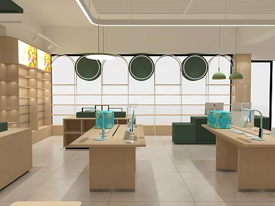 Modern Retail Store Interior With Wooden Display Tables Green Decor And Round Pendant Lights 3d model