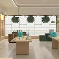 Modern Retail Store Interior With Wooden Display Tables Green Decor And Round Pendant Lights