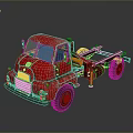 Red Vintage Truck Chassis With Cab And Wheels On Dark Background
