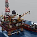Large Offshore Oil Drilling Platform With Yellow Crane Tower And Support Ship