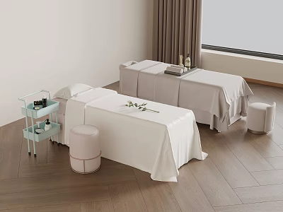 Modern Spa Room Massage Beds With White And Gray Sheets Side Trolley And Round Stools 3d model
