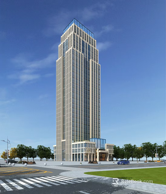 Modern High Rise Office Building With Glass Facade And Grand Entrance Surrounded By Trees 3d model 