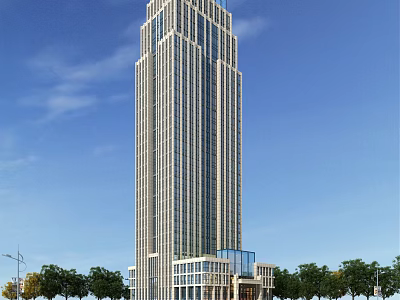 Modern High Rise Office Building With Glass Facade And Grand Entrance Surrounded By Trees 3d model
