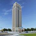 Modern High Rise Office Building With Glass Facade And Grand Entrance Surrounded By Trees