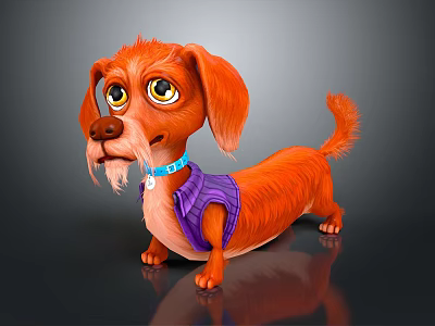 Cute Cartoon Dachshund With Orange Fur Blue Collar Purple Vest Standing On Dark Background 3d model
