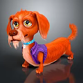 Cute Cartoon Dachshund With Orange Fur Blue Collar Purple Vest Standing On Dark Background