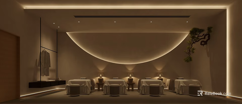 SPA Sauna Interior Design With Relaxing Ambient Lighting And Massage Tables 3d model 