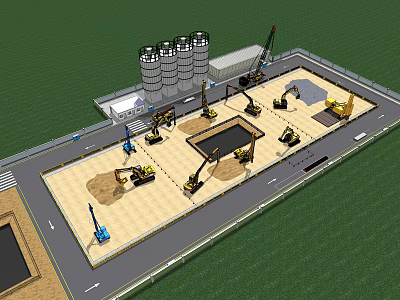 Industrial Construction Site Layout With Heavy Machinery Excavators Cranes And Silos 3d model