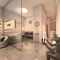 Luxury Beauty Hair Salon Interior With Sofa Display Shelves Round Pendant Light And Marble Floor