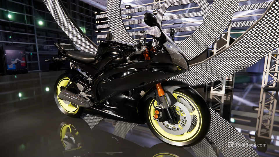 Sleek Black Motorcycle With Yellow Rims In Modern Exhibition Hall Setting 3d model 