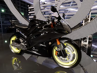 Sleek Black Motorcycle With Yellow Rims In Modern Exhibition Hall Setting 3d model