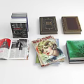 Various Books and Magazines with Different Covers Stacked and Opened on White Background