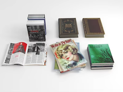 Various Books and Magazines with Different Covers Stacked and Opened on White Background 3d model