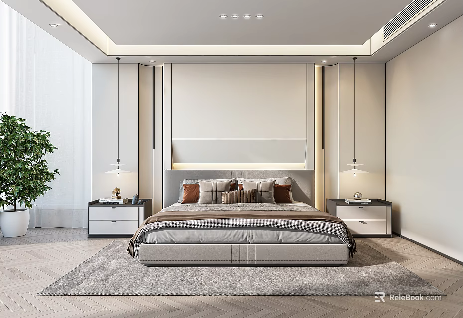 Modern Bedroom Interior Design With Bed Nightstands Table Lamps Area Rug And Plant 3d model 