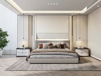 Modern Bedroom Interior Design With Bed Nightstands Table Lamps Area Rug And Plant 3d model