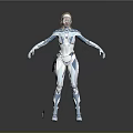 Futuristic female character in blue and white tech suit with small device on floor