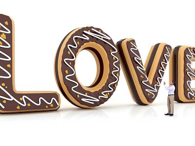 3D LOVE Letters Made With Donut Chocolate White Icing And Golden Sprinkles With Small Figure 3d model
