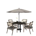 Outdoor Table Set with Four Wicker Chairs White Umbrella Wooden Frame and Decorations