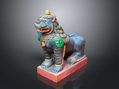Traditional Colorful Lion Sculpture With Golden Top Green Accents And Red Base 3d model