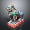 Traditional Colorful Lion Sculpture With Golden Top Green Accents And Red Base