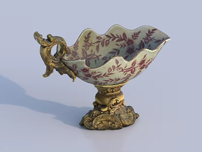 Ornate Decorative Bowl With Golden Accents Red Floral Patterns Dragon Handle And Base 3d model