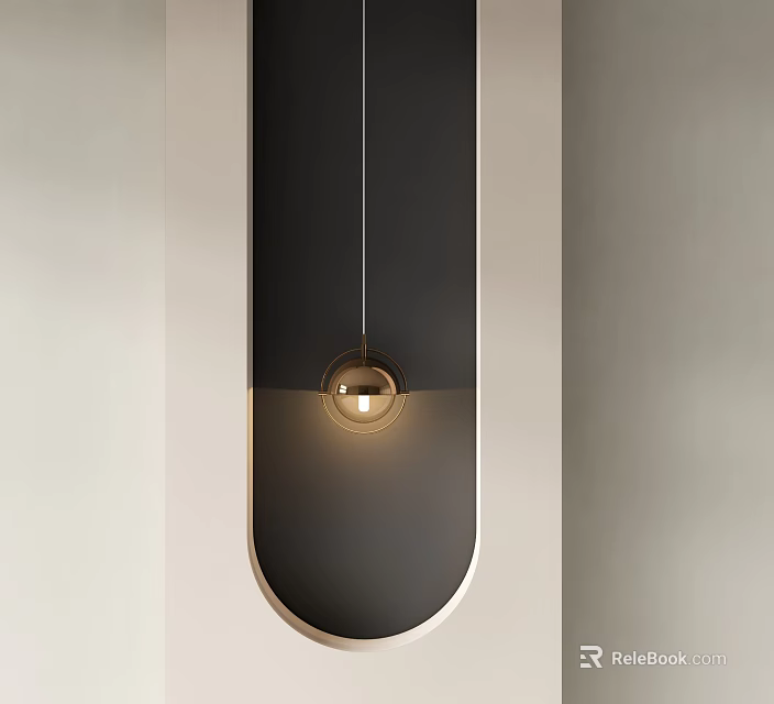 Gold Globe Pendant Light Hanging in Black Arched Panel With White Wall Background 3d model