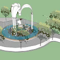 Ornate White Arched Fountain With Central Statue And Water Jets In Green Park