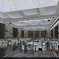 Elegant Banquet Hall Interior Design With Crystal Chandelier Ceiling Shiny Floor And Arranged Tables