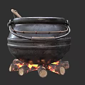 Black Cauldron With Green Liquid Wooden Spoon And Burning Logs