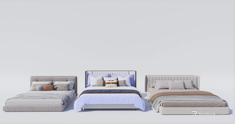 Modern Comfortable Double Bed Design With Upholstered Headboard And Soft Pillows 3d model