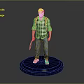 Man in Plaid Shirt Jeans and Yellow Boots Holding Knife Standing on Blue Base