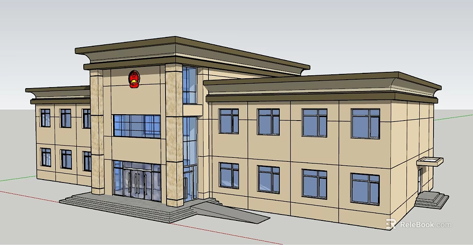 Court Building Exterior Design With Beige Facade Blue Windows And Red Emblem 3d model 