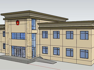 Court Building Exterior Design With Beige Facade Blue Windows And Red Emblem 3d model