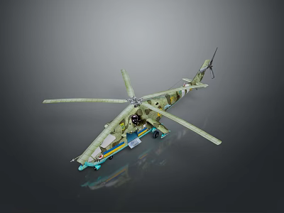 Detailed Green And Blue Helicopter Model With Rotors On Gray Background 3d model