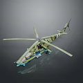 Detailed Green And Blue Helicopter Model With Rotors On Gray Background