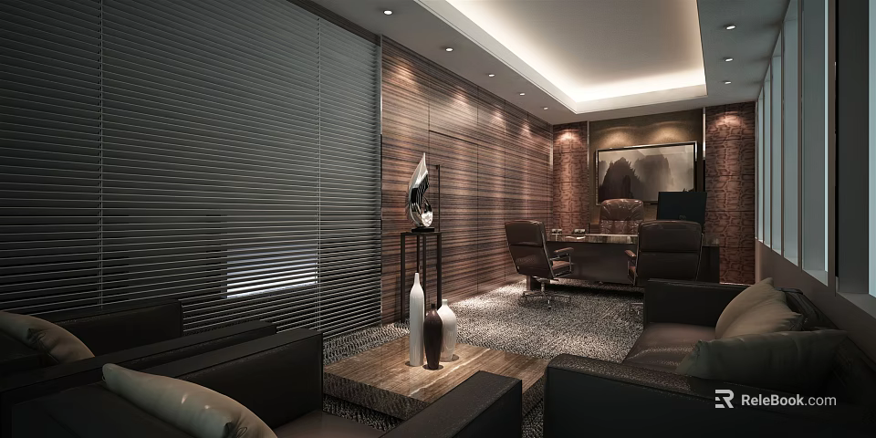 Modern Office Interior With Wooden Walls Leather Sofa Coffee Table And Decorative Painting 3d model 