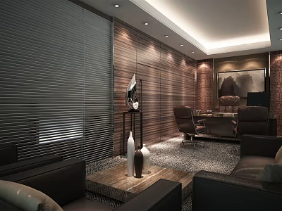Modern Office Interior With Wooden Walls Leather Sofa Coffee Table And Decorative Painting 3d model