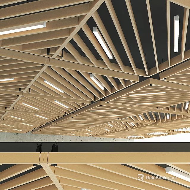 Modern Contemporary Ceiling Design With Linear Wooden Slats And Recessed LED Lights 3d model 