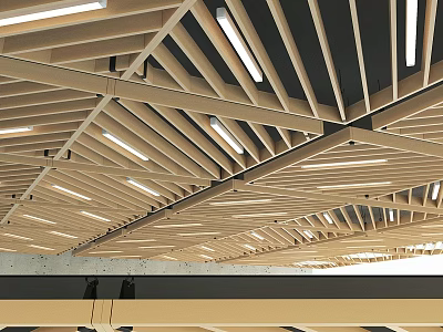 Modern Contemporary Ceiling Design With Linear Wooden Slats And Recessed LED Lights 3d model