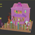 Pink Toy House With Purple Roof Yellow Windows Black Fence Street Lamps Tree And Tombstones