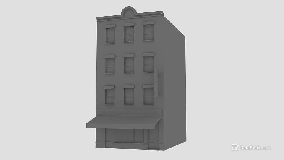 Gray Multi Story Building Model With Windows And Ground Floor Awning Storefront 3d model 
