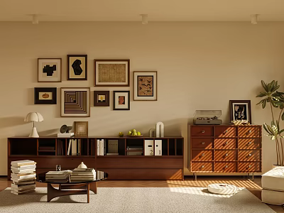 TV Stand With Framed Artworks Table Lamp Books On Shelves And Potted Plant 3d model
